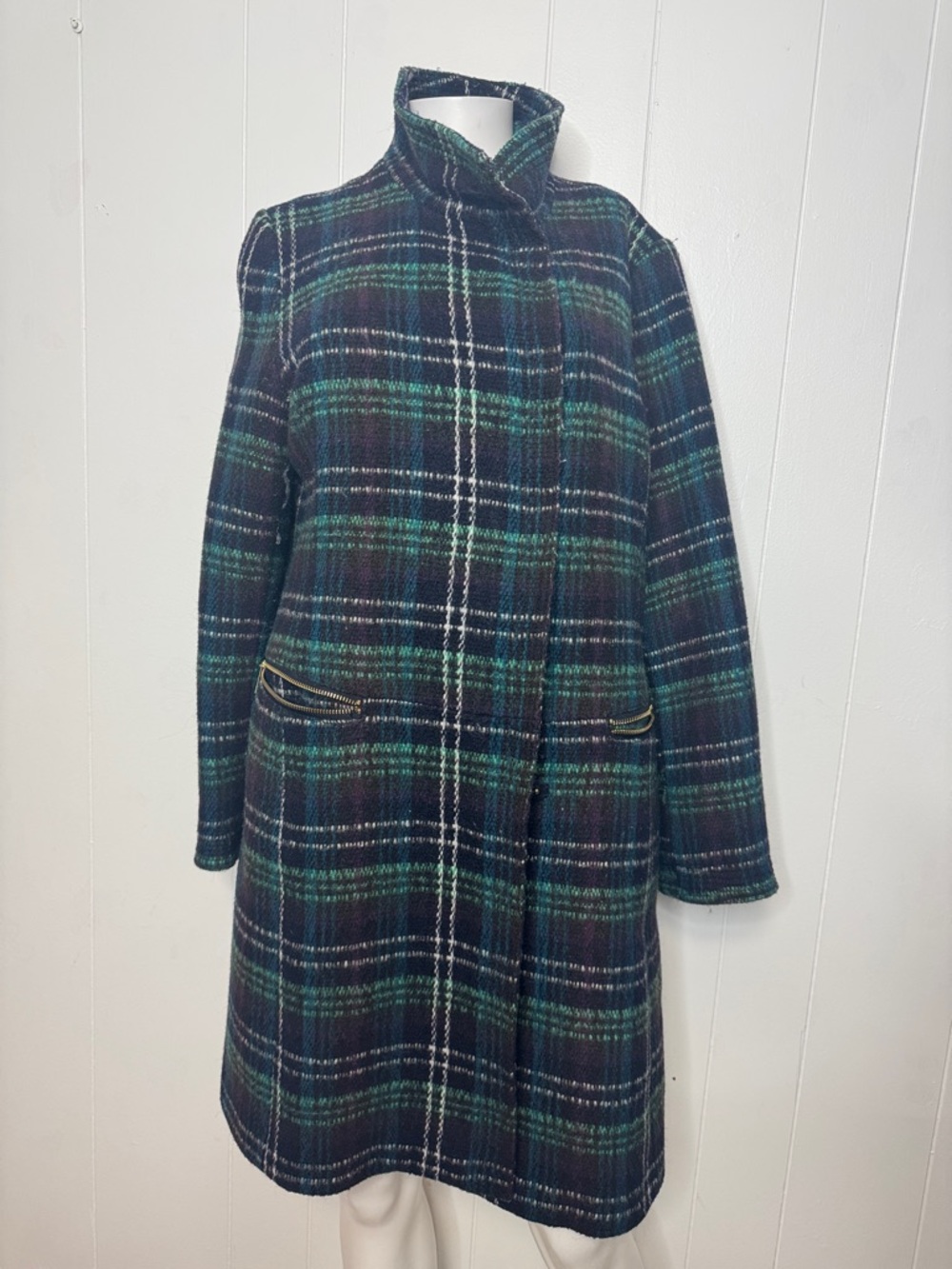 Worthington plaid jacket coat long women’s L blue green